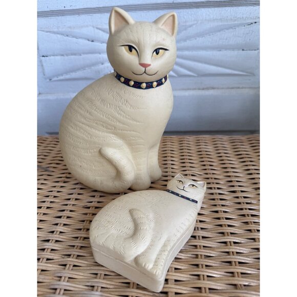 Vintage 80s Bisque Ceramic Set Yellow Cat Figurine and Trinket Box - Picture 10 of 14